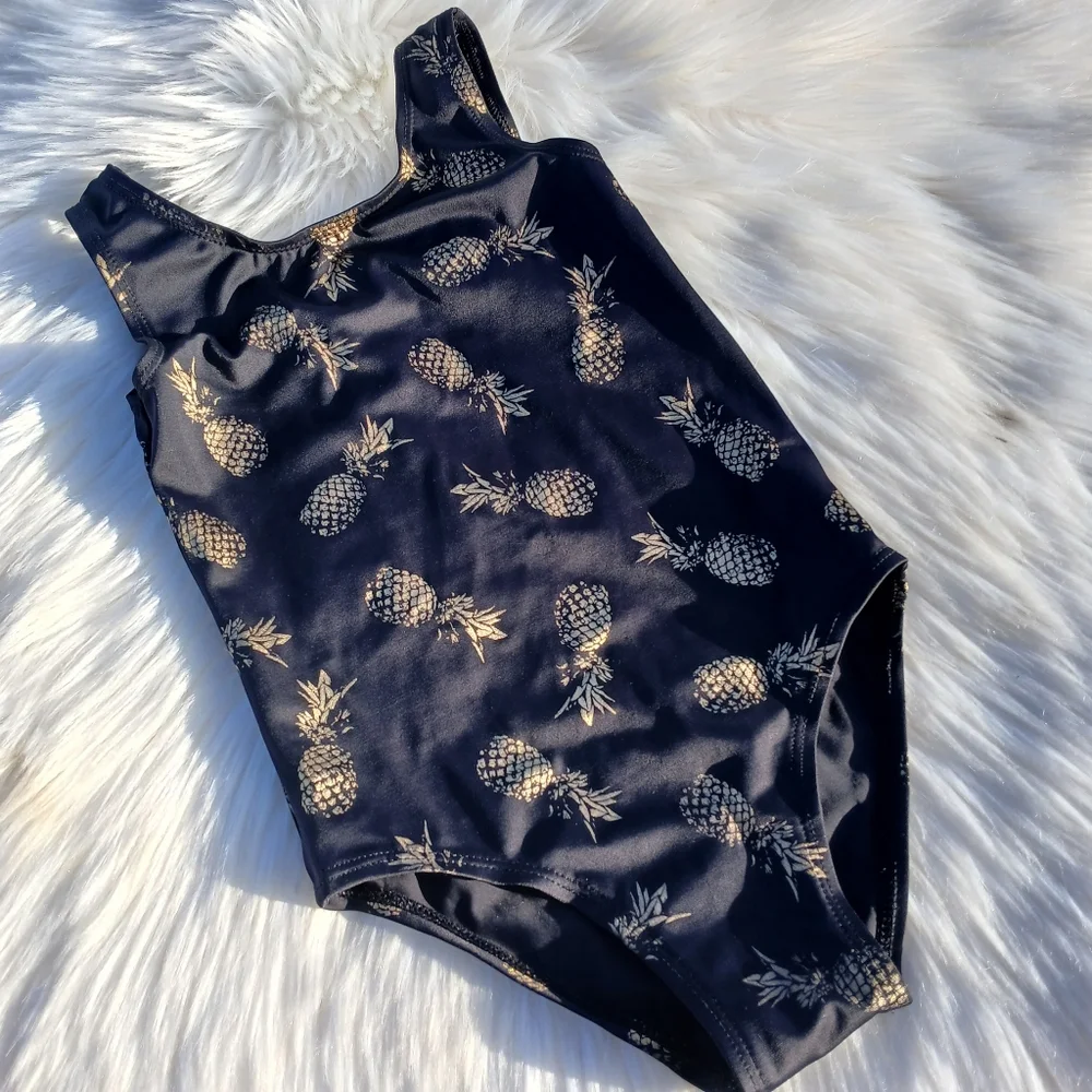 Swimsuit size 24 months Black Gold Pineapples Fruit Pineapple Print One Piece